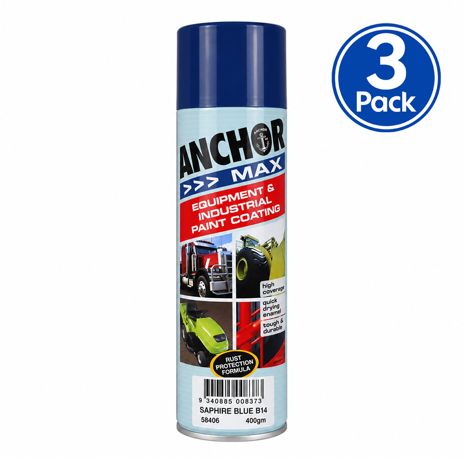 ANCHOR MAX Sapphire Blue B14 Industrial Enamel Aerosol Spray Paint 400g 3 Pack