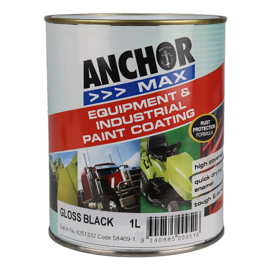 ANCHOR MAX Gloss Black 1L Industrial Enamel Paint High Durability