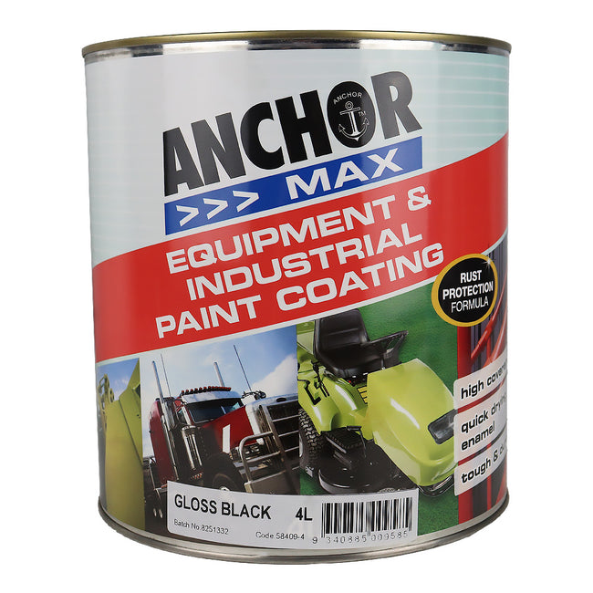 ANCHOR MAX Gloss Black 4L Industrial Enamel Paint High Durability