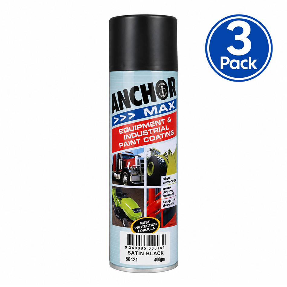 ANCHOR MAX Satin Black Industrial Enamel Aerosol Spray Paint 400g 3 Pack