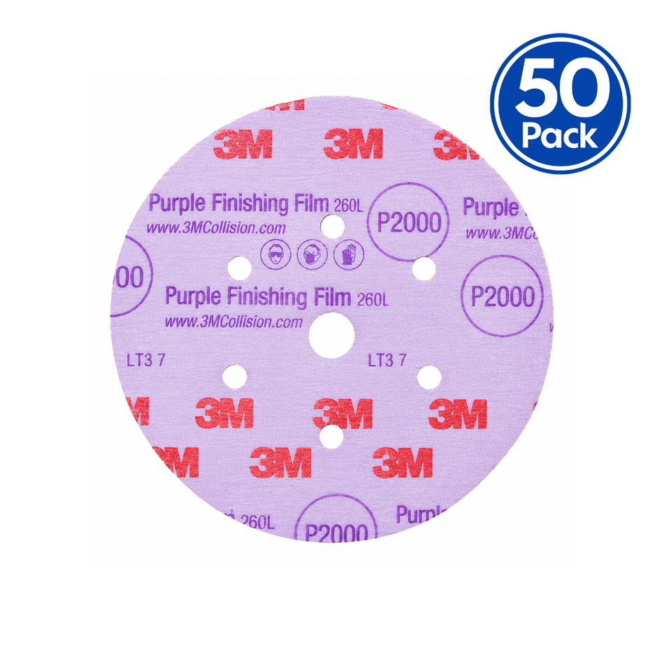 3M 30766 Hookit 260L Finishing Film Disc 150mm P2000 7 Hole 50 Pack