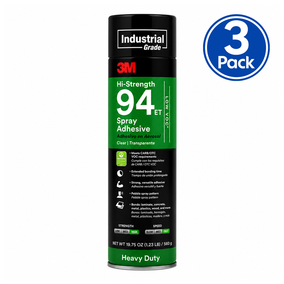 3M Hi-Strength 94 ET Spray Adhesive 560g Low VOC Clear Aerosol 3 Pack
