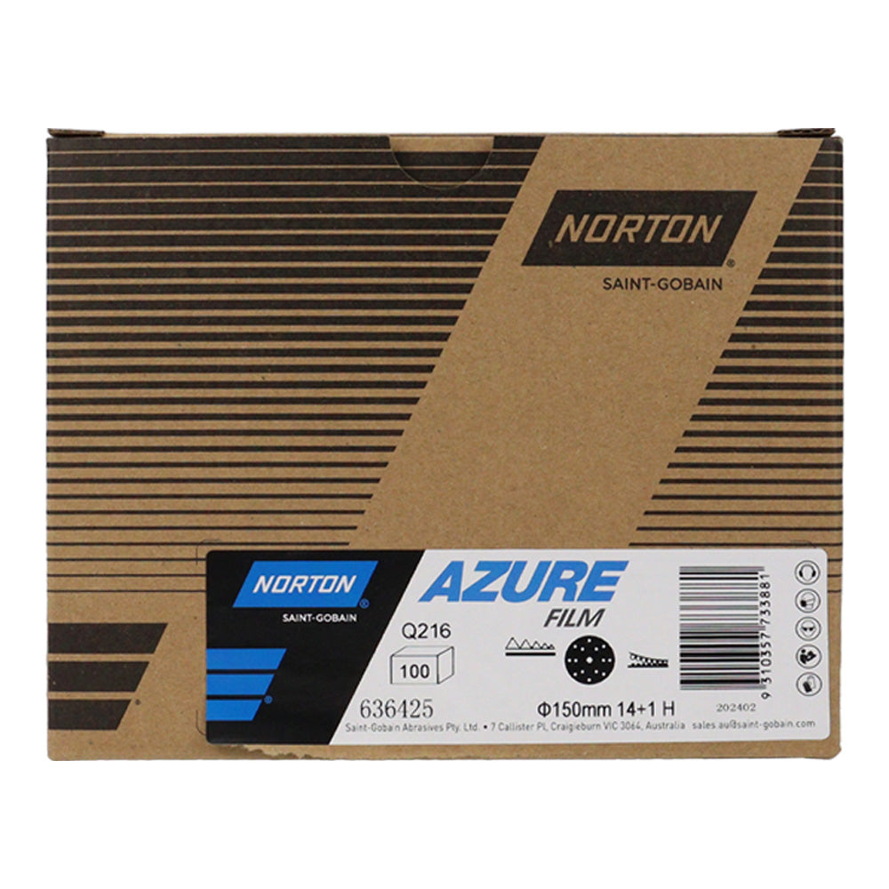 NORTON Azure Q216 Sandpaper Discs Hook & Loop 15H 150mm 80 - 1500 Grit x 100 Box