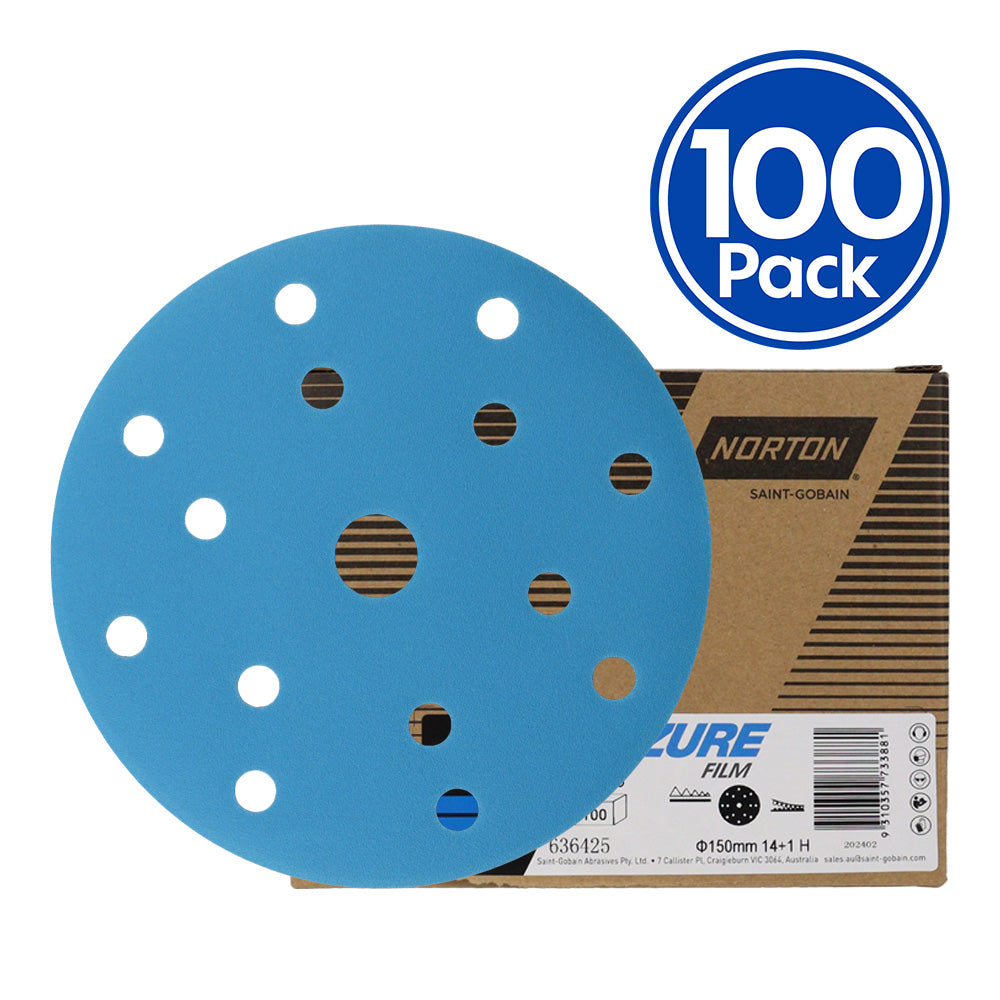 NORTON Azure Q216 Sandpaper Discs Hook & Loop 15H 150mm 80 - 1500 Grit x 100 Box