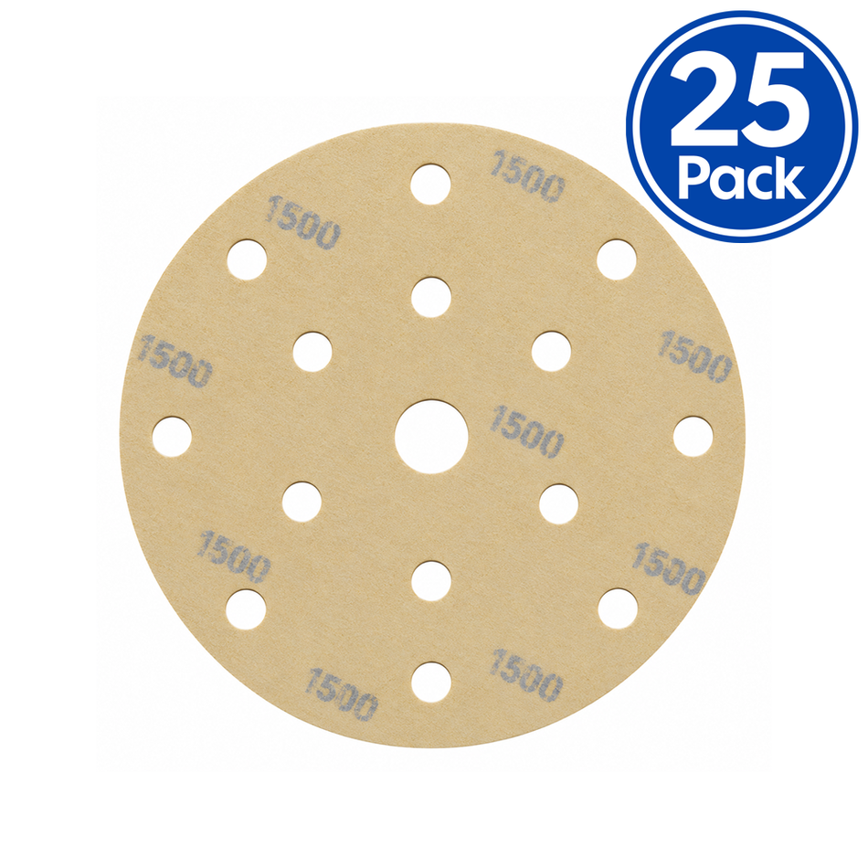 EDGE Yellow Premium Sanding Discs 150mm P1200 Grit 15 Hole 25 Pack