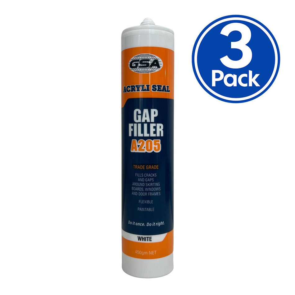 GSA Acrylic Gap Filler 450g White Cartridge x 3 Pack Paintable Water Based 1K