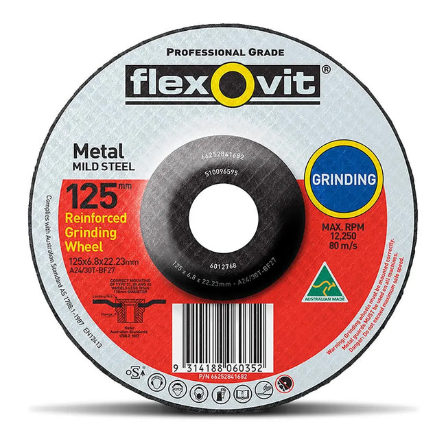 FLEXOVIT Depressed Centre Grinding Disc 125 x 6.8 x 22mm Wheel Metal Mild Steel