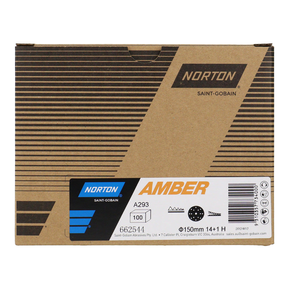 NORTON Amber A293 Sandpaper Discs Hook & Loop 15H 150mm 80 - 500 Grit x 100 Box