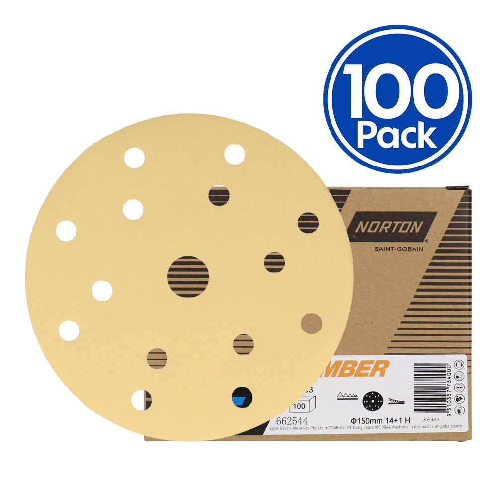 NORTON Amber A293 Sandpaper Discs Hook & Loop 15H 150mm 80 - 500 Grit x 100 Box