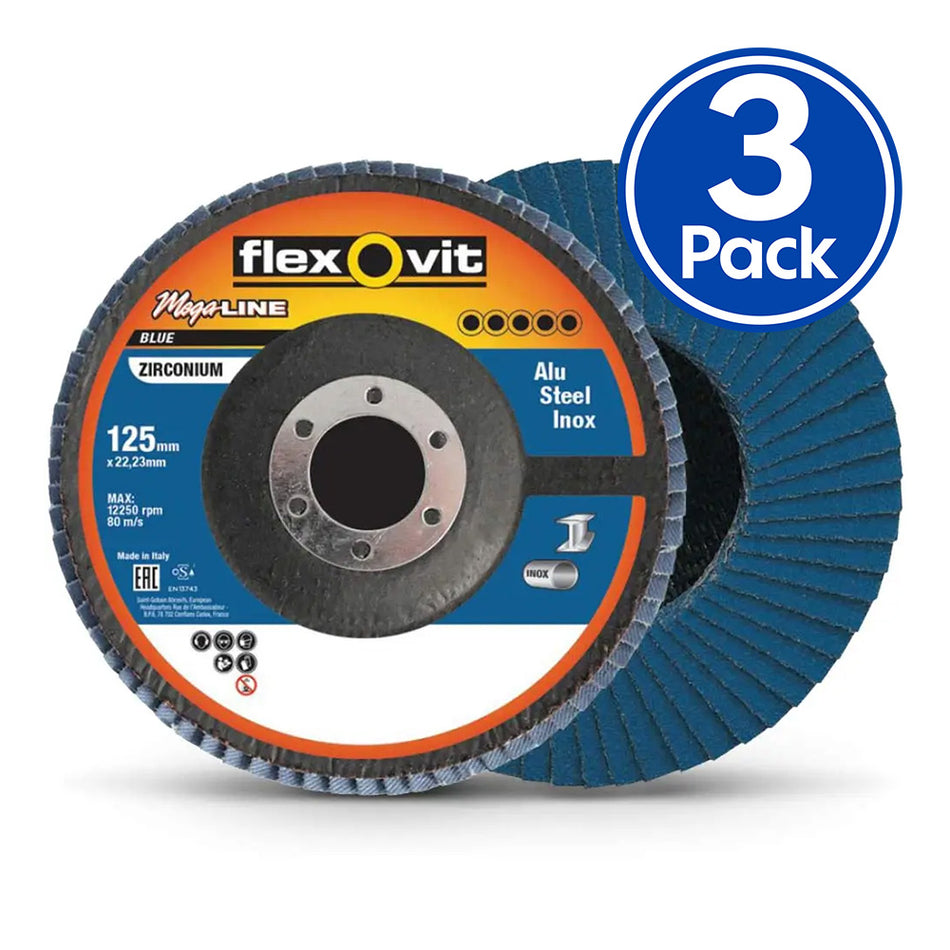 FLEXOVIT Megaline Zirconia Angled Flap Disc 125mm x 22mm 60 Grit x 3 Pack