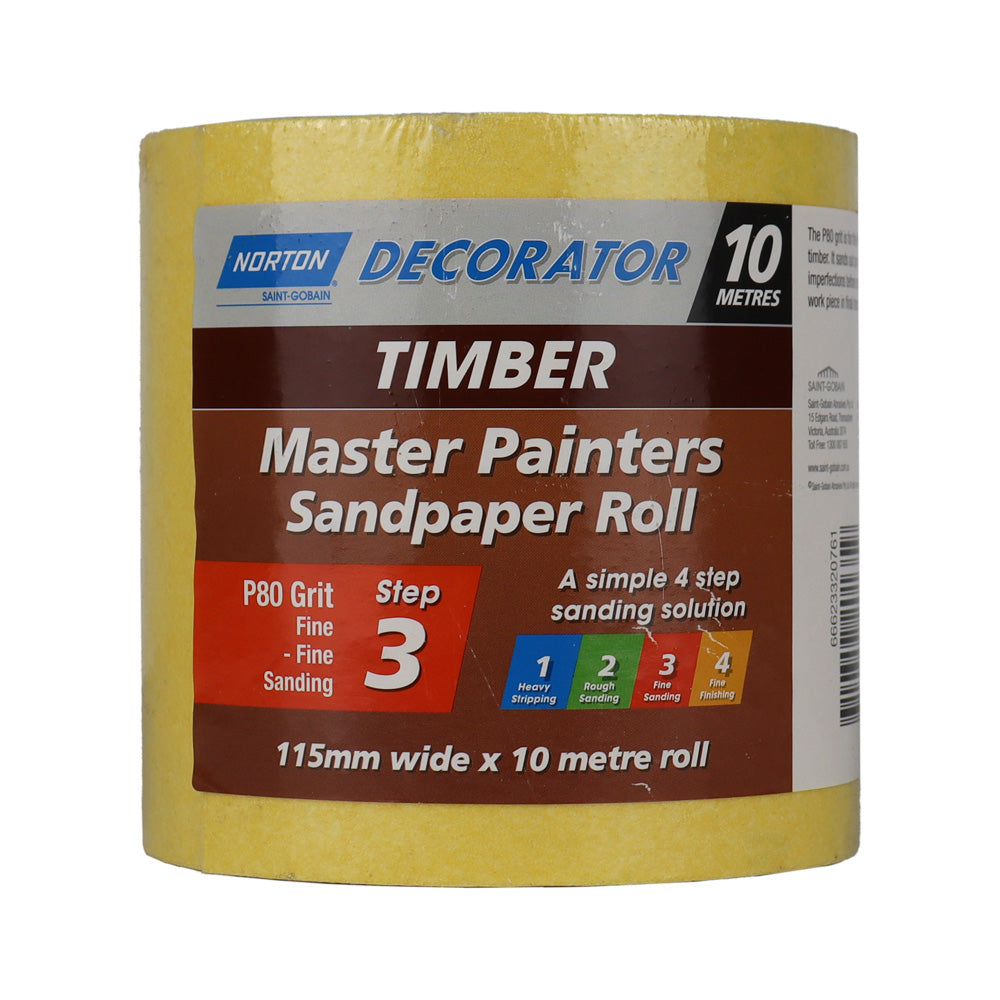 NORTON A123 Sandpaper Roll P80 Grit 115mm x 10m Fine Timber Decorator