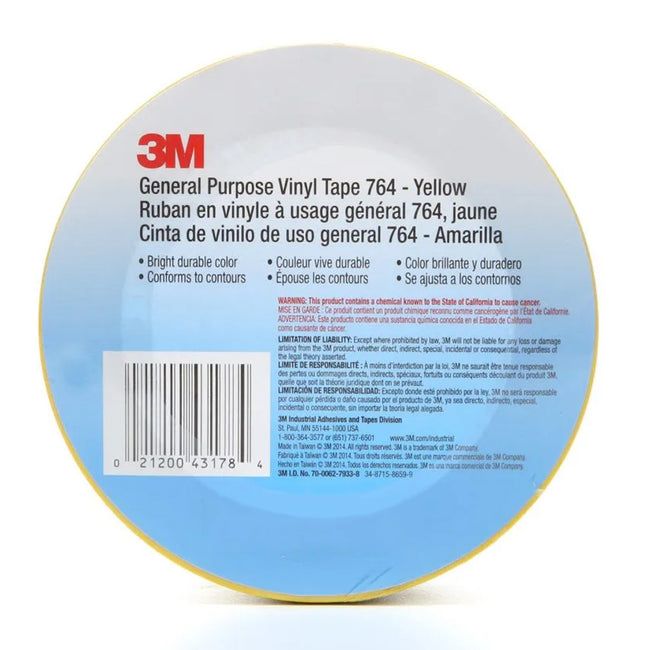 3M 764 General Purpose Vinyl Tape Yellow 25mm x 33m Marking Colour Coding Safety