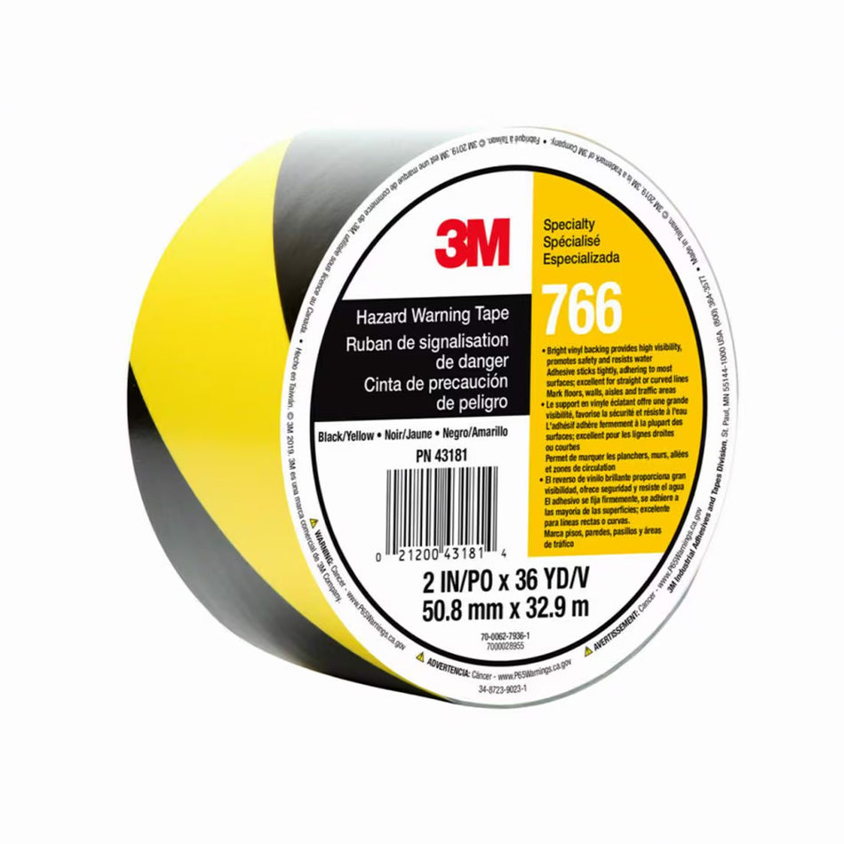 3M Hazard Warning Tape 766 50mm x 32.9m Yellow Black Safety Border Barrier Vinyl