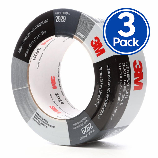 3M 2929 General Use Silver Duct Tape 48mm x 45.7mm x 3 Pack