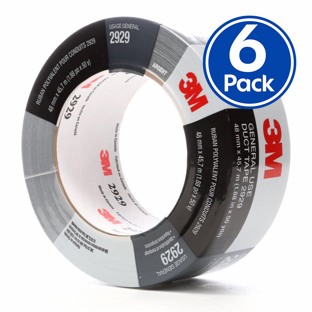 3M 2929 General Use Silver Duct Tape 48mm x 45.7mm x 6 Pack