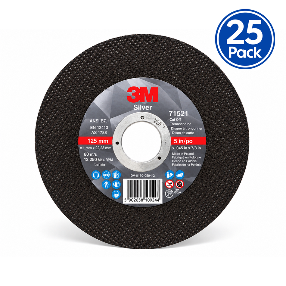 3M 71521 Silver Cut-Off Wheel 125mm x 1mm 60+ Metal Cutting Disc 25 Pack