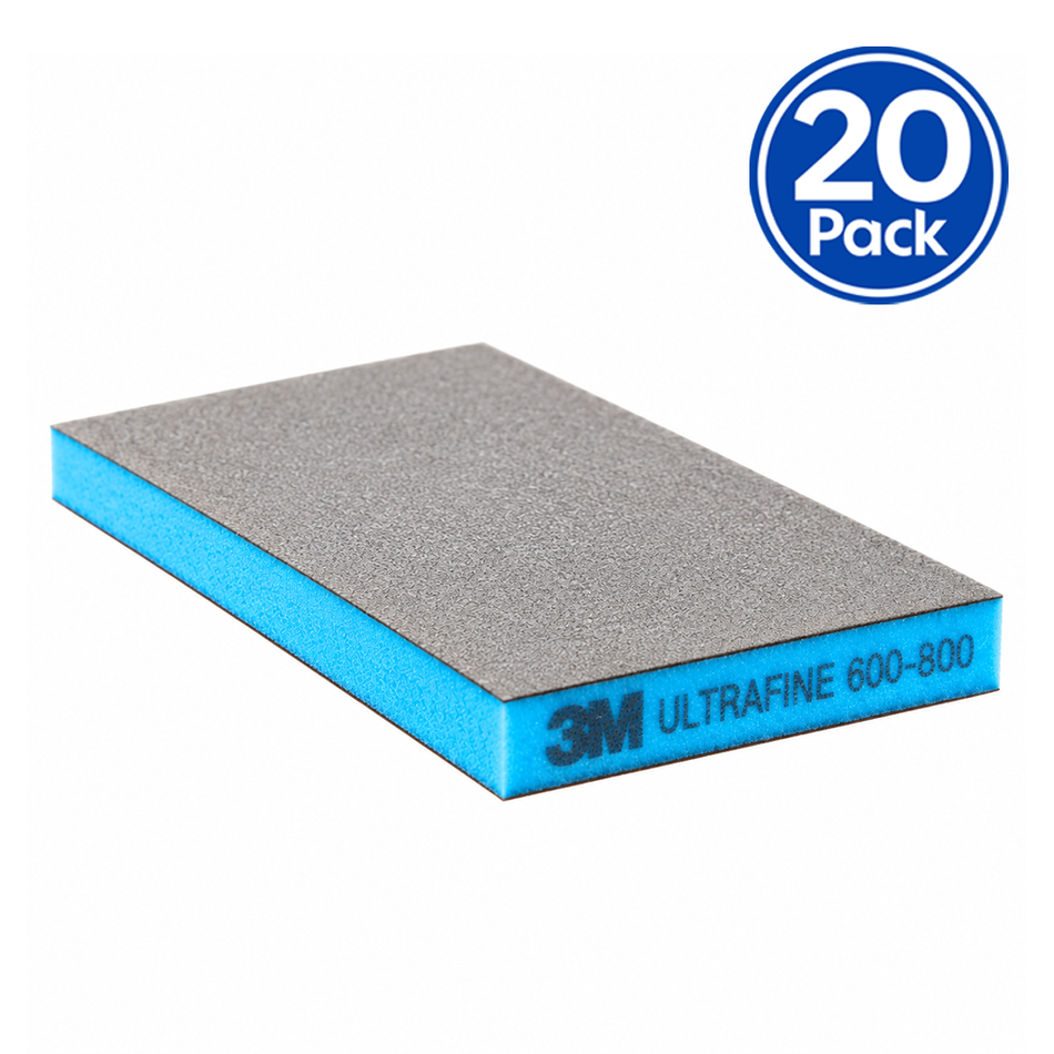 3M 23811 Two-Sided Sanding Sponge Ultrafine 600-800 Grit Blue 124mm x 98mm 20 Pack