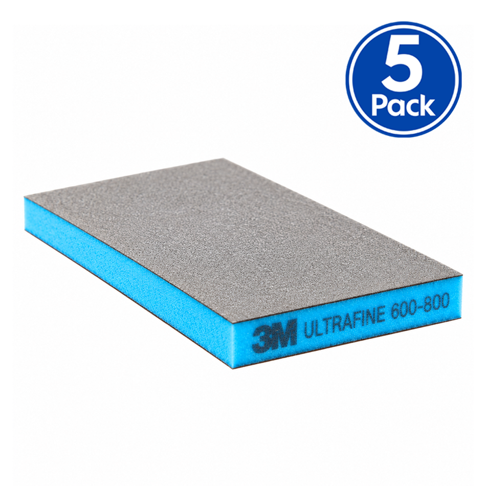 3M 23811 Two-Sided Sanding Sponge Ultrafine 600-800 Grit Blue 124mm x 98mm 5 Pack