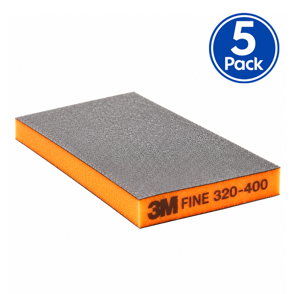 3M 23809 Two-Sided Sanding Sponge Fine 320-400 Grit Orange 124mm x 98mm 5 Pack