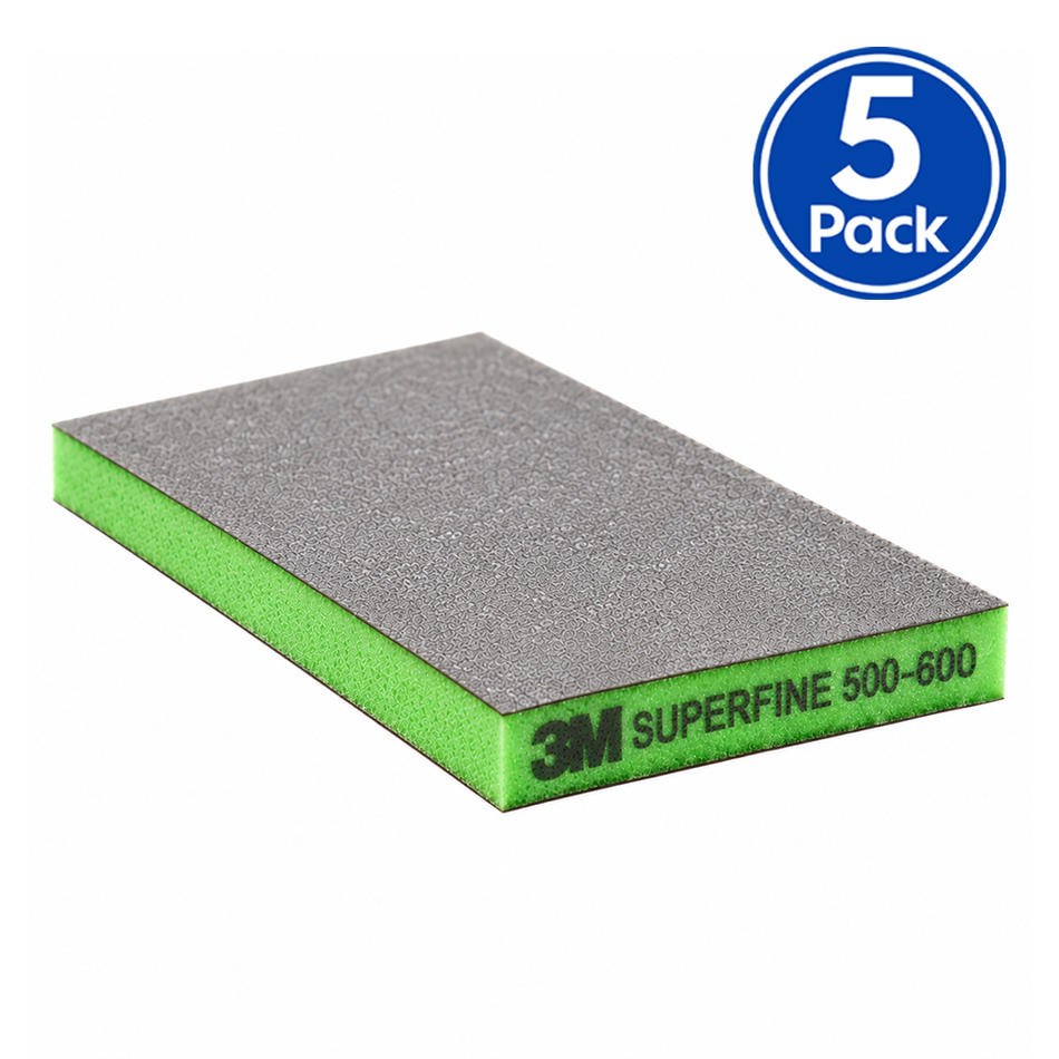 3M 23810 Two-Sided Sanding Sponge Superfine 500-600 Grit Green 124mm x 98mm 5 Pack
