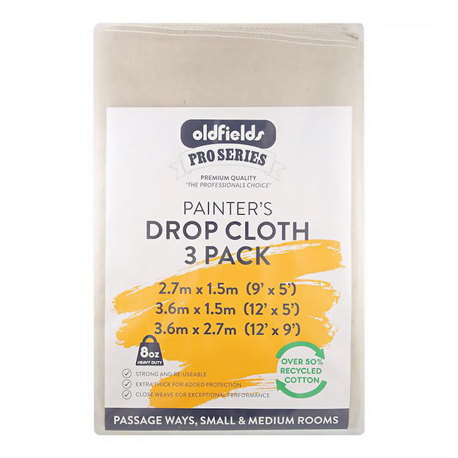 OLDFIELDS Pro Series Heavy Duty Drop Cloth 3 Pack 12′ x 9′ - 12′ x 5′ - 9′ x 5′