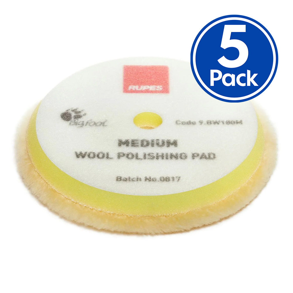 RUPES Bigfoot 150/180mm Wool Medium Yellow Polishing Pad 9.BW180M x 5 Pack