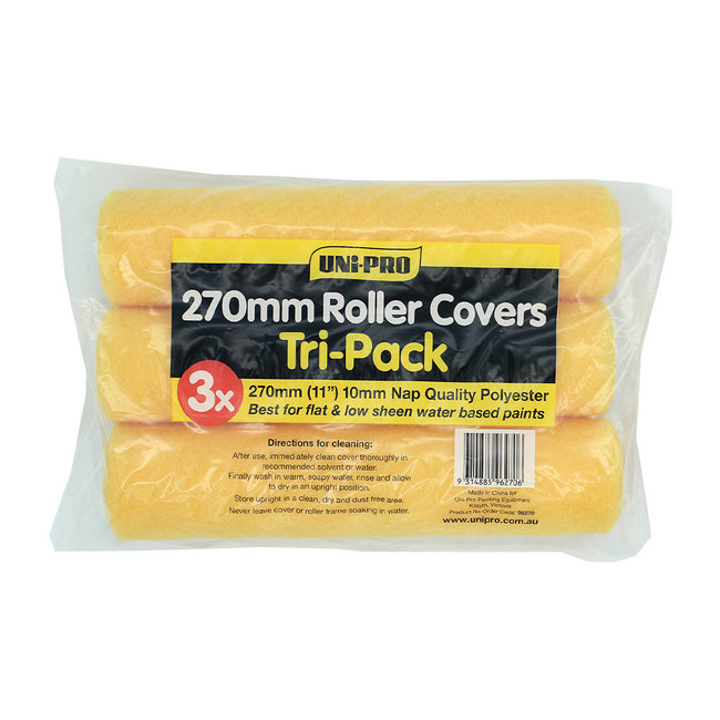 UNI-PRO Polyester Roller Covers Range 270mm x 10mm Nap Water Based Paints x 3