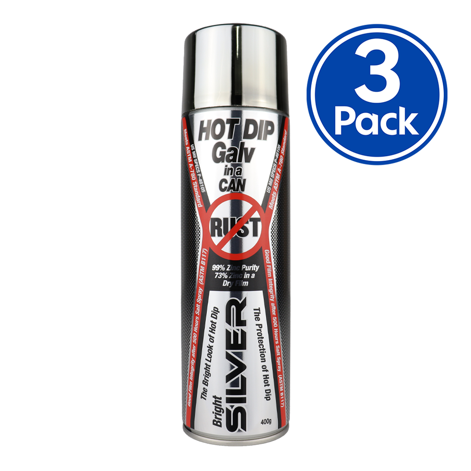 SILVER ZINC SUPPLIES Hot Dip Galv In A Can 400g Aerosol Bright Silver 99% Zinc x 3 Pack