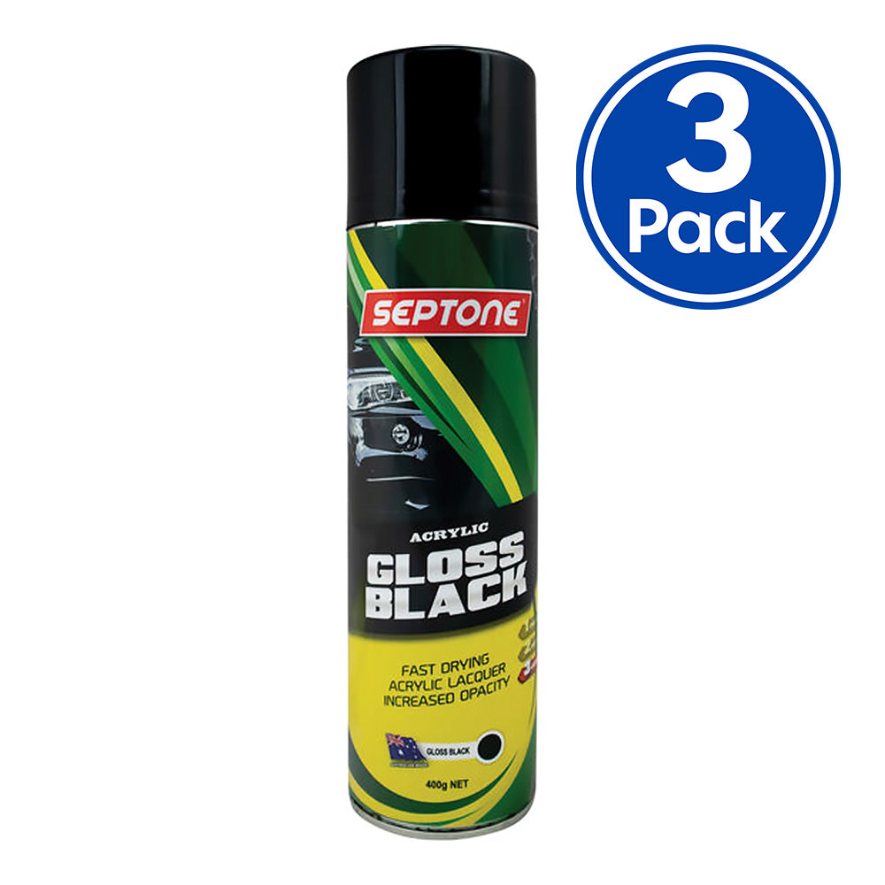 SEPTONE Automotive Gloss Acrylic Lacquer Spray Paint 400g Aerosol Black x 3 Pack