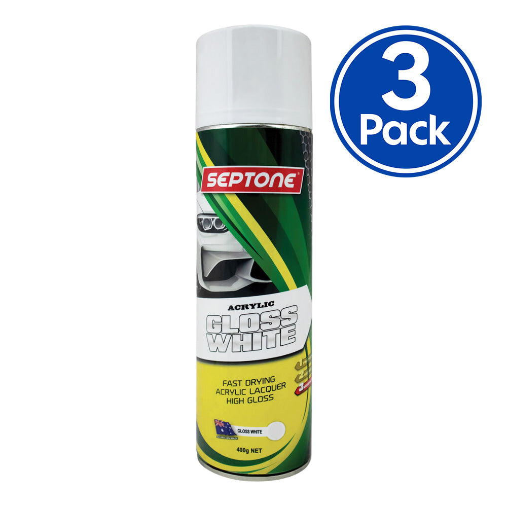 SEPTONE Automotive Gloss Acrylic Lacquer Spray Paint 400g Aerosol White x 3 Pack