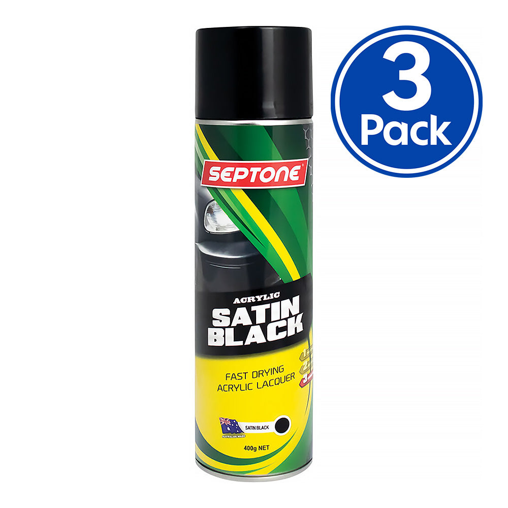 SEPTONE Automotive Acrylic Lacquer Spray Paint 400g Aerosol Satin Black x 3 Pack