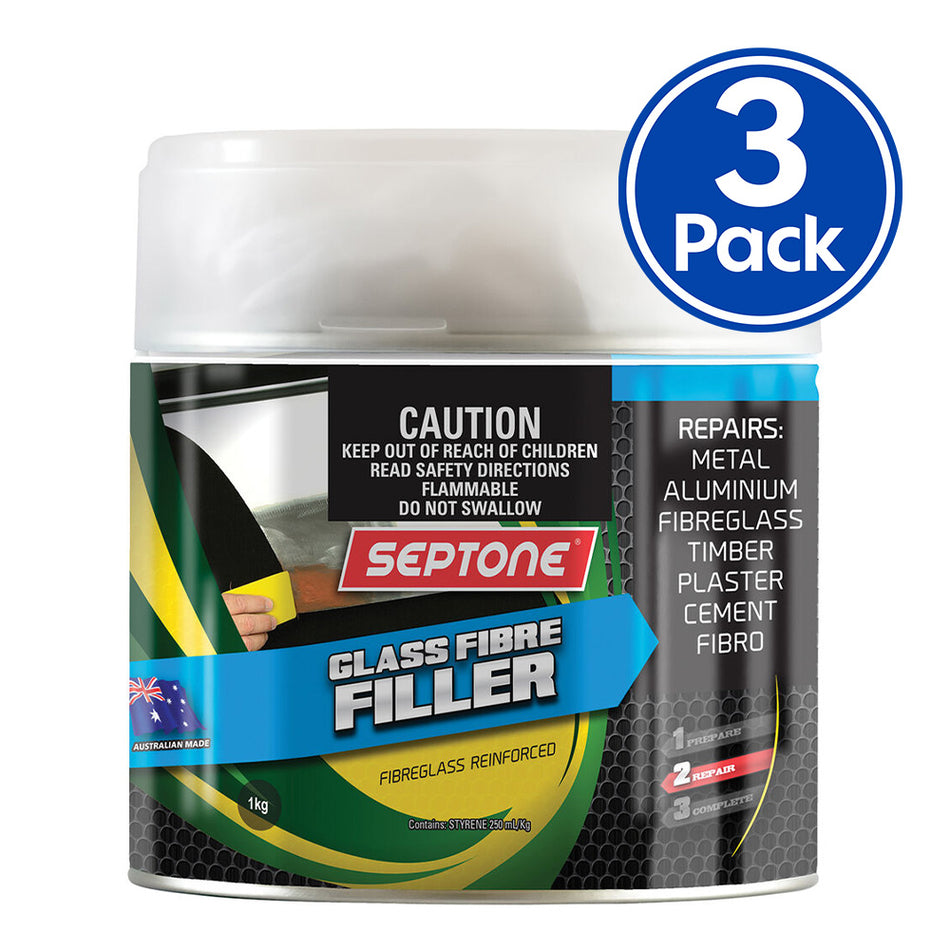 SEPTONE Glass Fibre Reinforced Polyester Filler Putty Bog with Hardener 1kg x 3 Pack