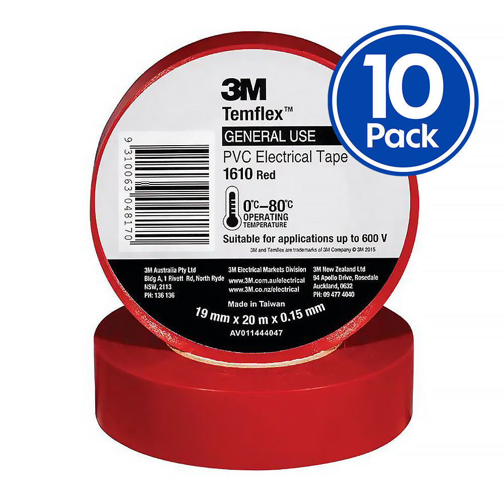 3M Temflex 1610 General Purpose Vinyl Electrical Tape 19mm x 20m Red x 10 Pack