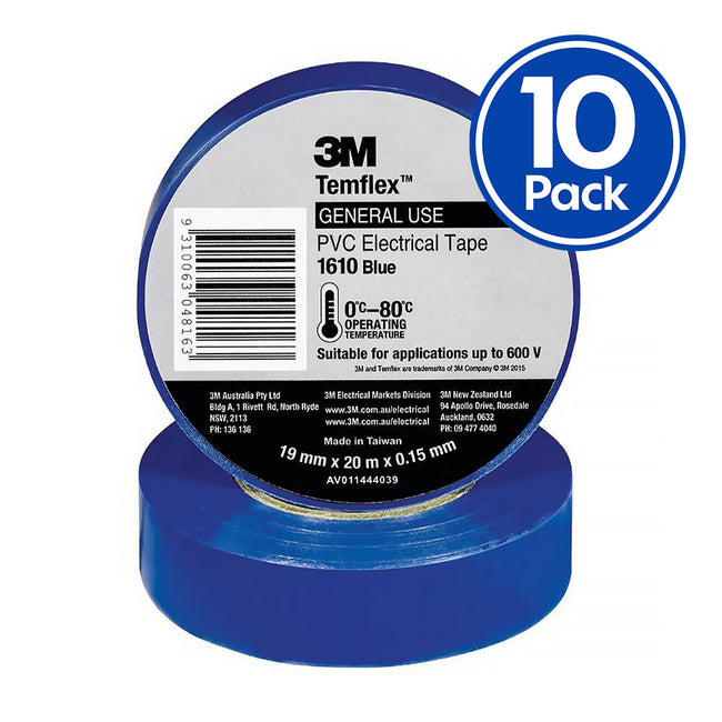 3M Temflex 1610 General Purpose Vinyl Electrical Tape 19mm x 20m Blue x 10 Pack