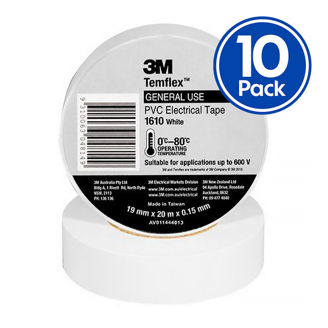 3M Temflex 1610 General Purpose Vinyl Electrical Tape 19mm x 20m White x 10 Pack