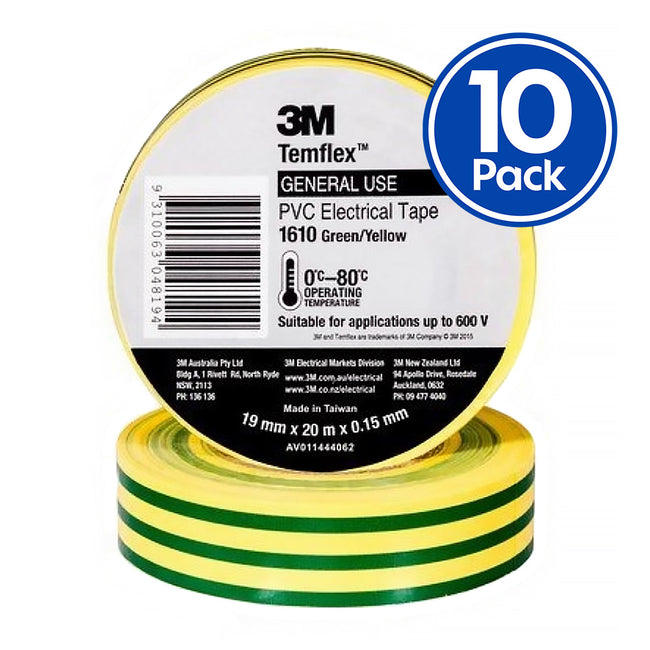 3M Temflex 1610 General Purpose Electrical Tape 19mm x 20m Green/Yellow x 10 Pack