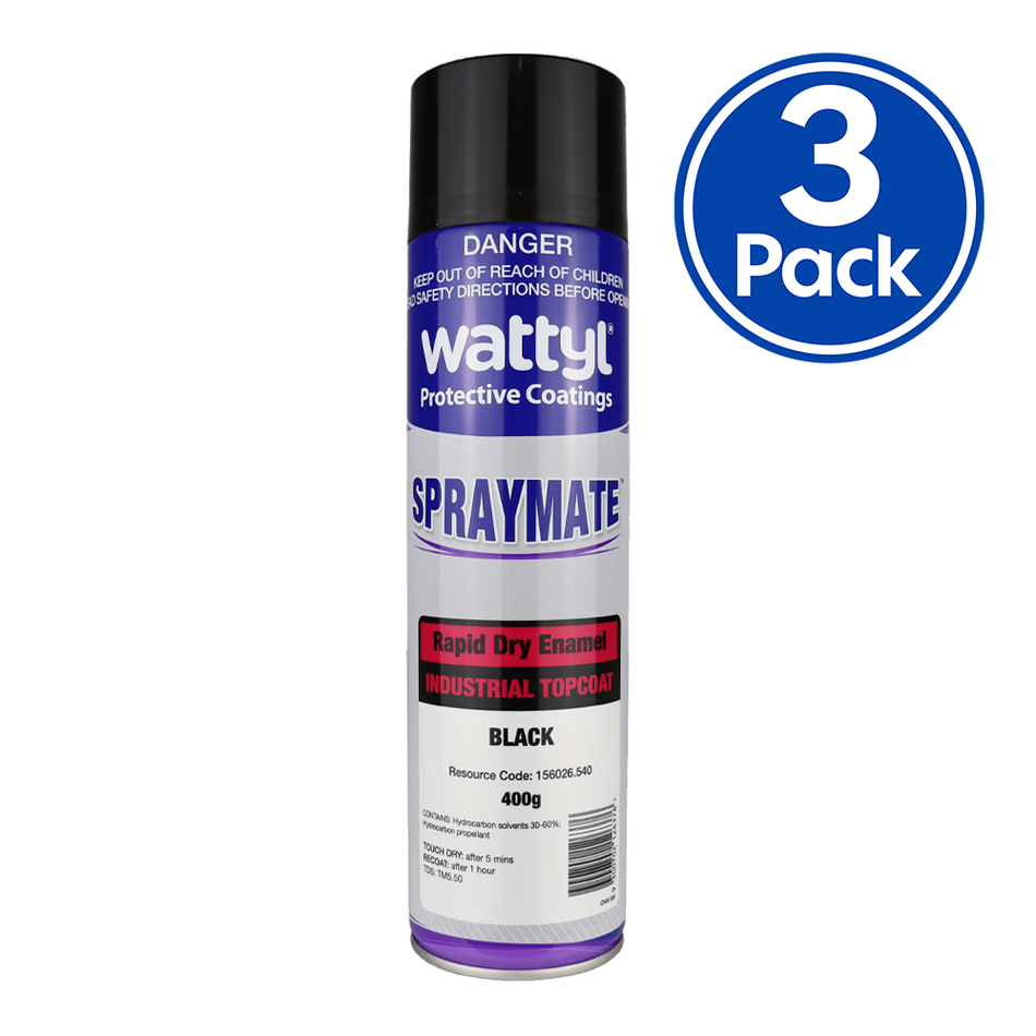 WATTYL Spraymate Industrial Quick Dry 1K Enamel Topcoat 400g Aerosol Gloss Black x 3 Pack