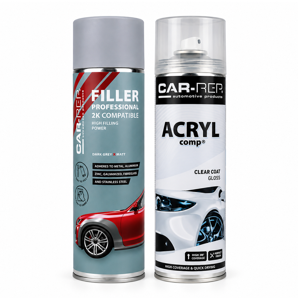 CAR-REP Acrylic Primer Filler Grey and 1K Clear Coat 500ml Aerosol Spray Kit