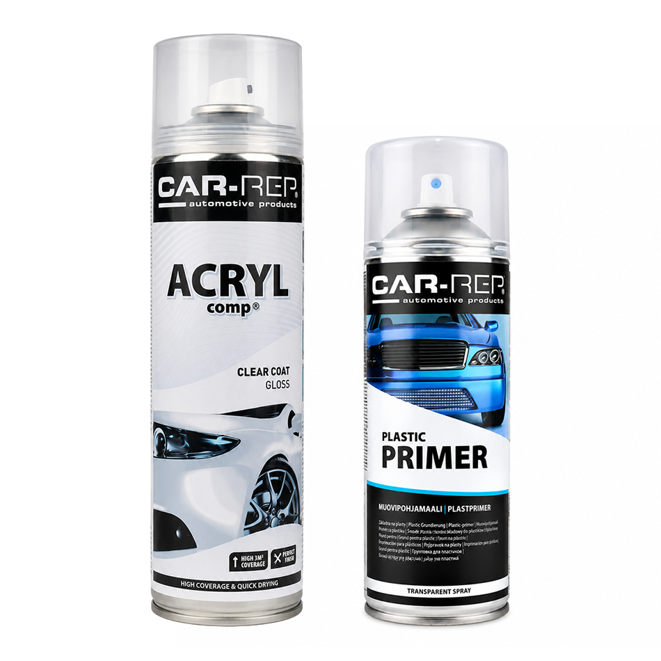 CAR-REP Plastic Primer 400ml & Acrylic Clear Coat 500ml Aerosol Bundle