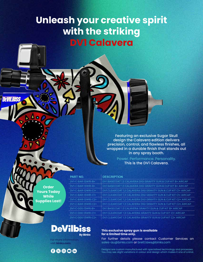 DEVILBISS Limited Edition Calavera DV1 Basecoat 1.3mm Gravity Gun & Cup Kit B+ Aircap