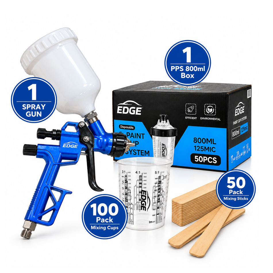 EDGE HVLP Spray Gun 1.3mm PPS 800ml Cups & Mixing Sticks Bundle