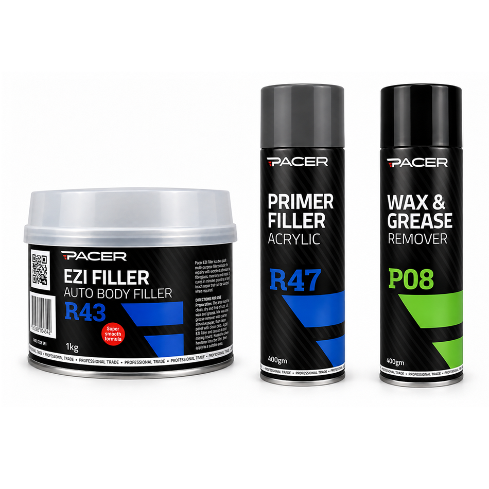 PACER Automotive Panel Repair Kit Body Filler Primer & Wax and Grease Remover