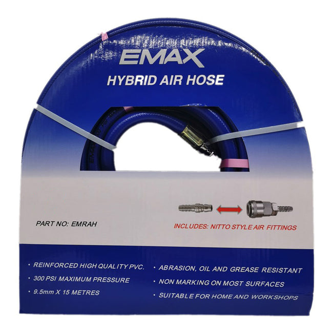 EMAX Hybrid Air Hose 3/8" x 30M Rubber PVC 300 PSI Max Pressure Nitto Fittings