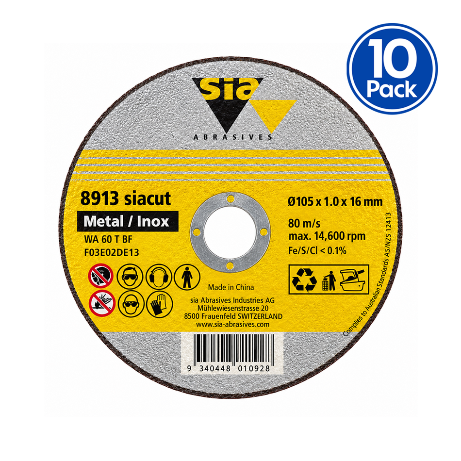 SIA 8913 Siacut Inox Stainless Steel Cutting Disc 105mm x 1mm x 16mm 10 Pack