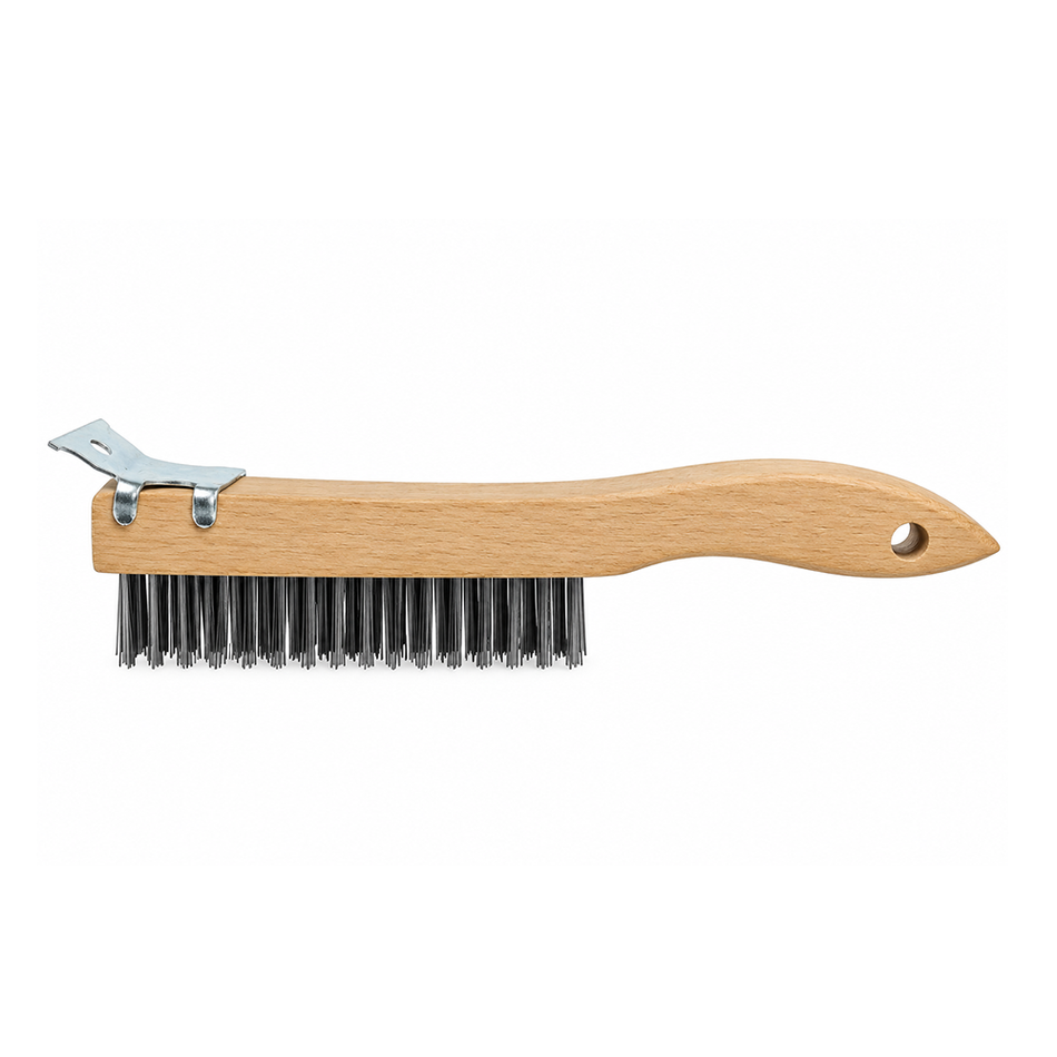 UNi-PRO 4 Row Wire Brush with Steel Scraper & Wooden Handle