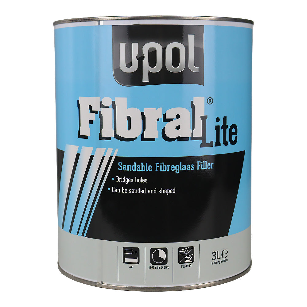 U-POL Fibral Lite Glass Fibre Body Filler 3L Sandable Fibreglass Paste Putty