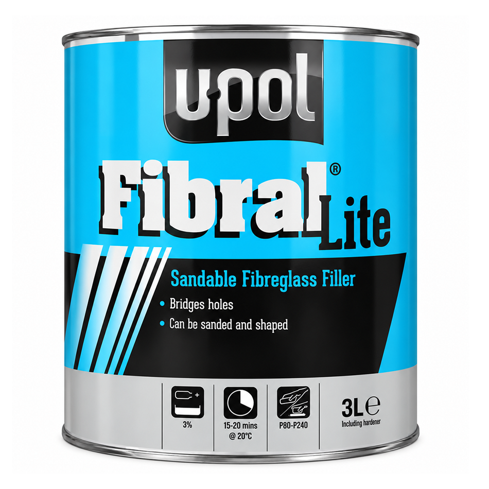 U-POL Fibral Lite Glass Fibre Body Filler 3L Sandable Fibreglass Paste Putty