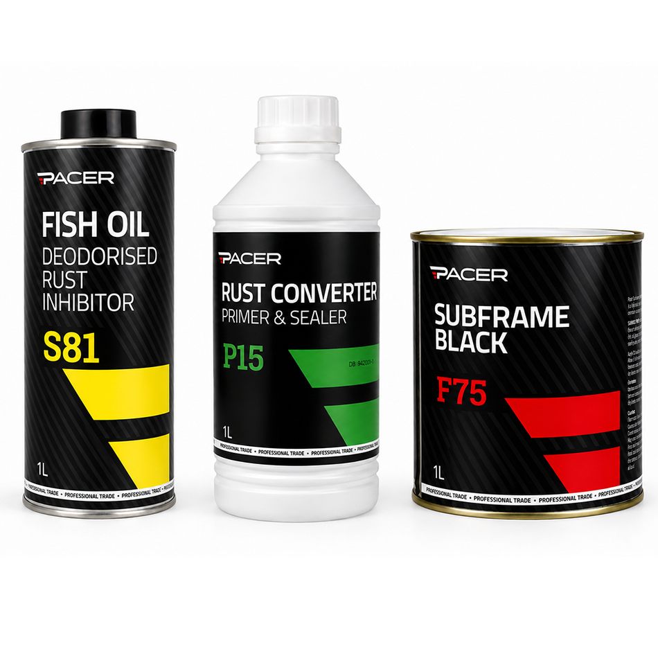 PACER Rust Treatment & Chassis Protection Kit 1L Rust Converter Subframe Black & Fish Oil