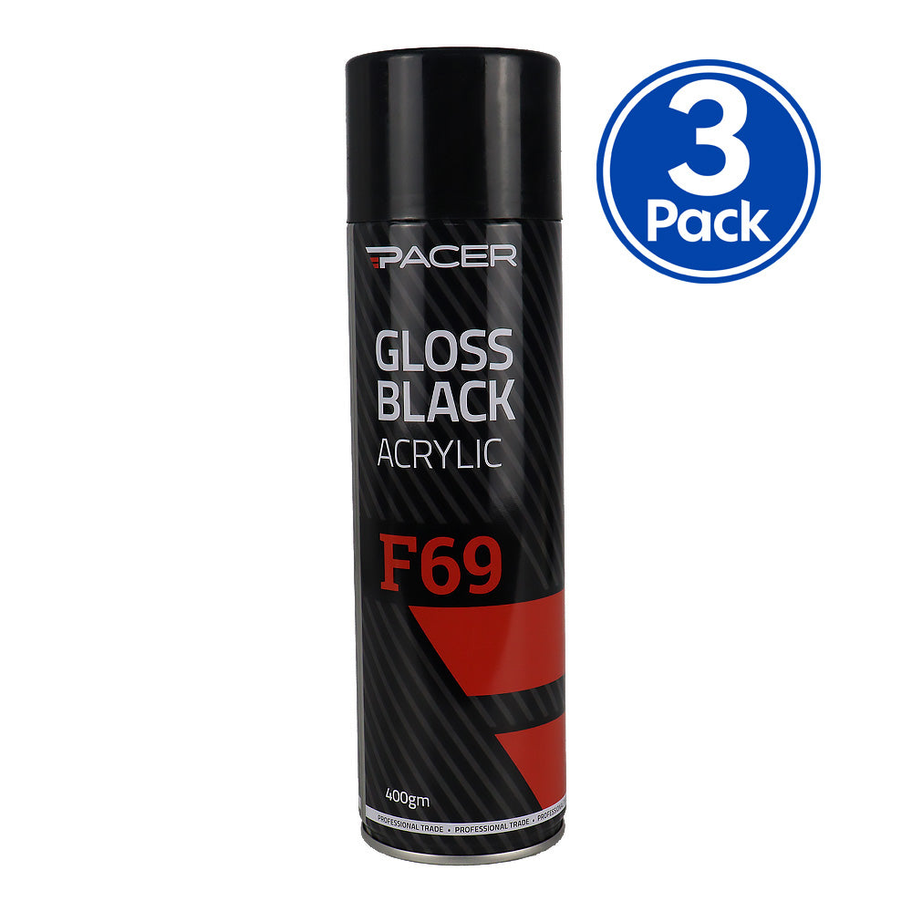 PACER F69 Gloss Black Acrylic 400gm Automotive Spray Paint Durable Finish x3