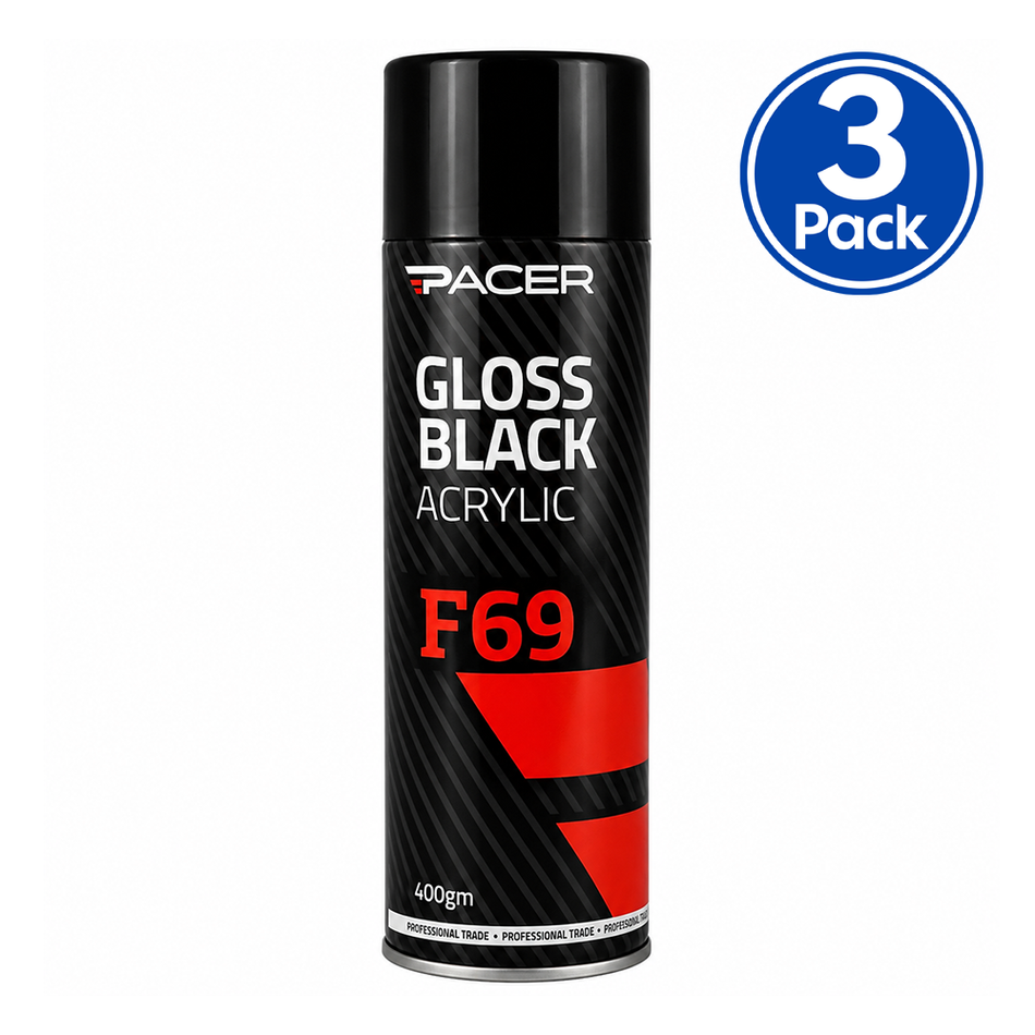 PACER F69 Gloss Black Acrylic 400gm Automotive Spray Paint Durable Finish x3